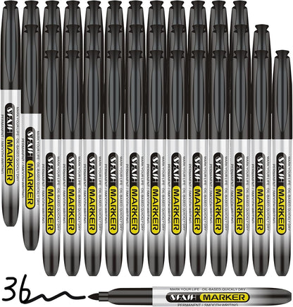 SFAIH Black Permanent Markers Bulk - 36 Pack, 1s Quick Dry, Non-Fading, Fine Point Permanent Pens for Plastic Glass Metal Wood Paper Stone, Office Classroom Kitchen, Doodling, Marking, Waterproof