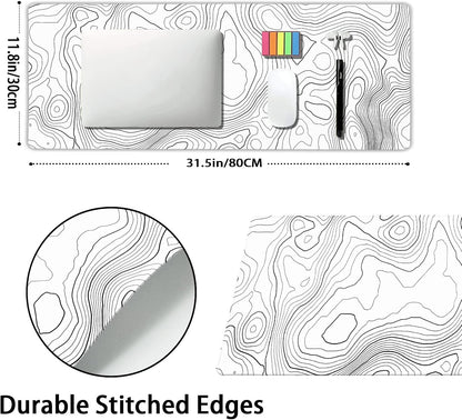 Topographic Contour White Gaming Mouse Pad XL Topo Geographic Map Lines Extended Large Mouse Pad Big Desk Mat Non-Slip Rubber Base Stitched Edge Long Keyboard Playmat for Desk Computer,31.5×11.8 in