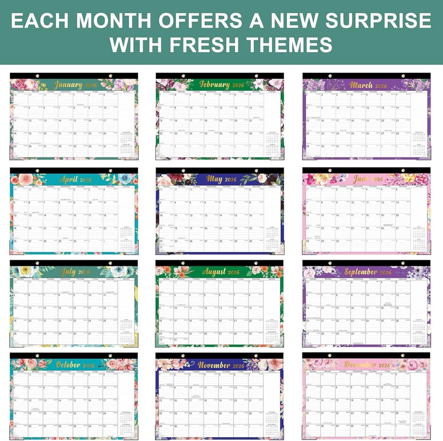 Lbylyhxc Desk Calendar 2025 - 2026, Monthly Calendar 2026, 18-Month School Year Calendar, July 2025 to December 2026, Monthly Large Desktop/Wall Calendar for Teacher with Corner Protectors 17" X 12" (Desk Calendar Flowers, 17x12 inches)