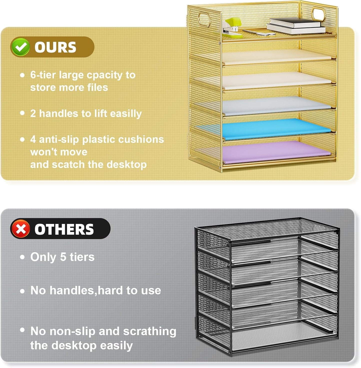 Marbrasse 2 Pack Desk Organizer with Handle, 6 Tier Paper Letter Tray, Mesh Desk File Organizer for Office, School and Home - Gold