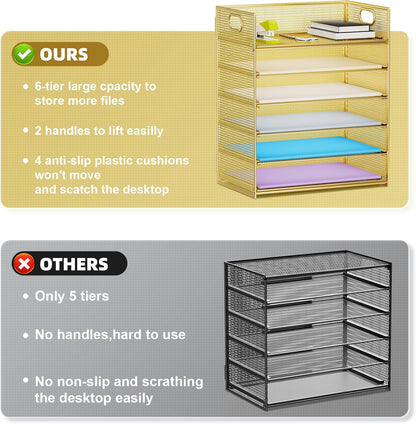 Marbrasse 2 Pack Desk Organizer with Handle, 6 Tier Paper Letter Tray, Mesh Desk File Organizer for Office, School and Home - Gold