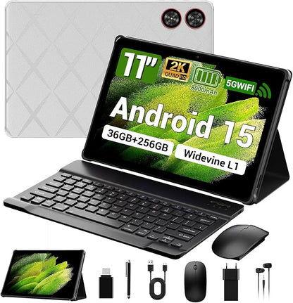 2025 Tablet 11 inch Android 15 Tablets with Keyboard Stylus Mouse: 2K IPS Tablette (2000x1200), 36GB+256GB(2TB TF)-Gray