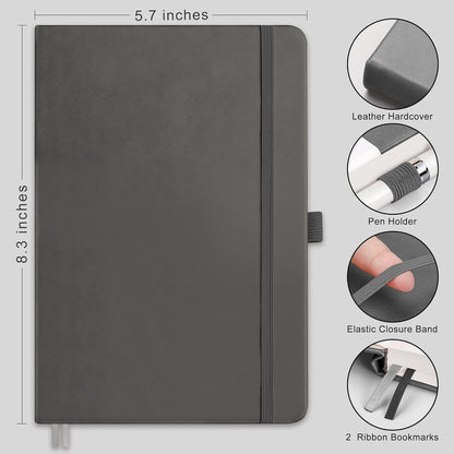 RETTACY Lined Journal Notebook, 192 Numbered Pages, A5 Medium Size (5.7'' x 8.3''), for Men & Women, Journaling, Writing, Work & Office, Leather Hardcover, 100 GSM Thick Paper (Gray)