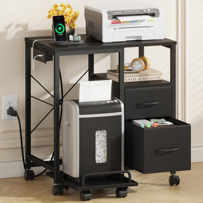 Printer Stand with Power Outlet/Fabric Drawers, Printer Cabinet with Storage Shelf and Rolling Shredder Stand, Printer Table for Home Office, 22.8"×15" Black