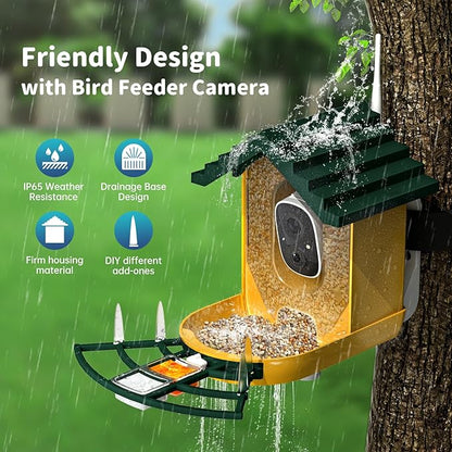 Smart Bird Feeder with Camera Solar Powered & AI Bi rd Identification, 2.4Ghz WiFi Bird feeders for Outdoors, 2K Live Video, Nstant Arrival Alerts - Green-Yellow