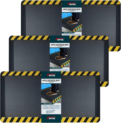 FEATOL Anti Fatigue Mats Industrial 3 Packs, Ergonomic Standing Floor Mat for Work for Stand, Black with Yellow Border Safety 20" x 32"-Support for Leg & Back Pain
