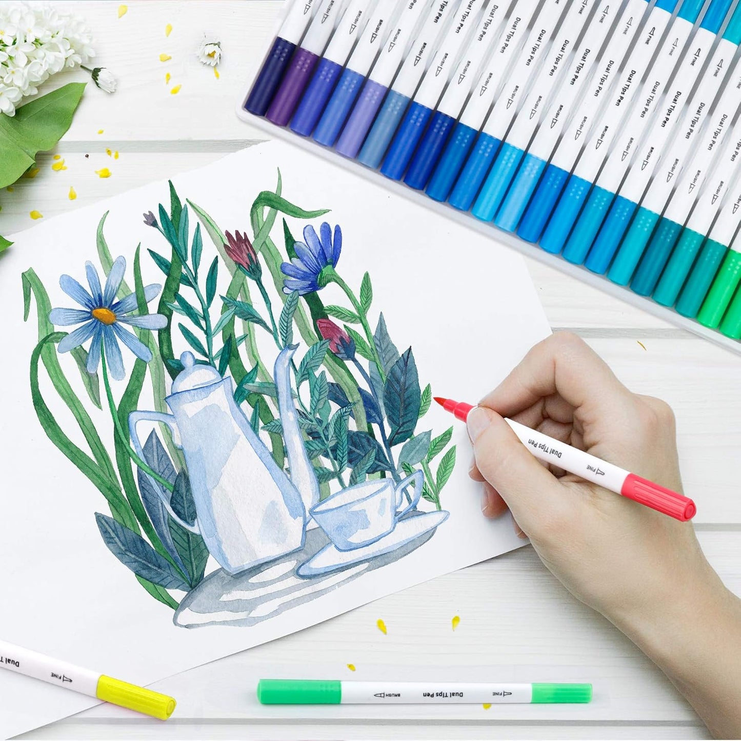 Lelix 120 Colors Dual Tips Brush Pens Art Markers with a Coloring Book, Brush and Fine Point Pens Fineliner for Adults Kids Coloring Books Calligraphy Journaling Lettering Drawing