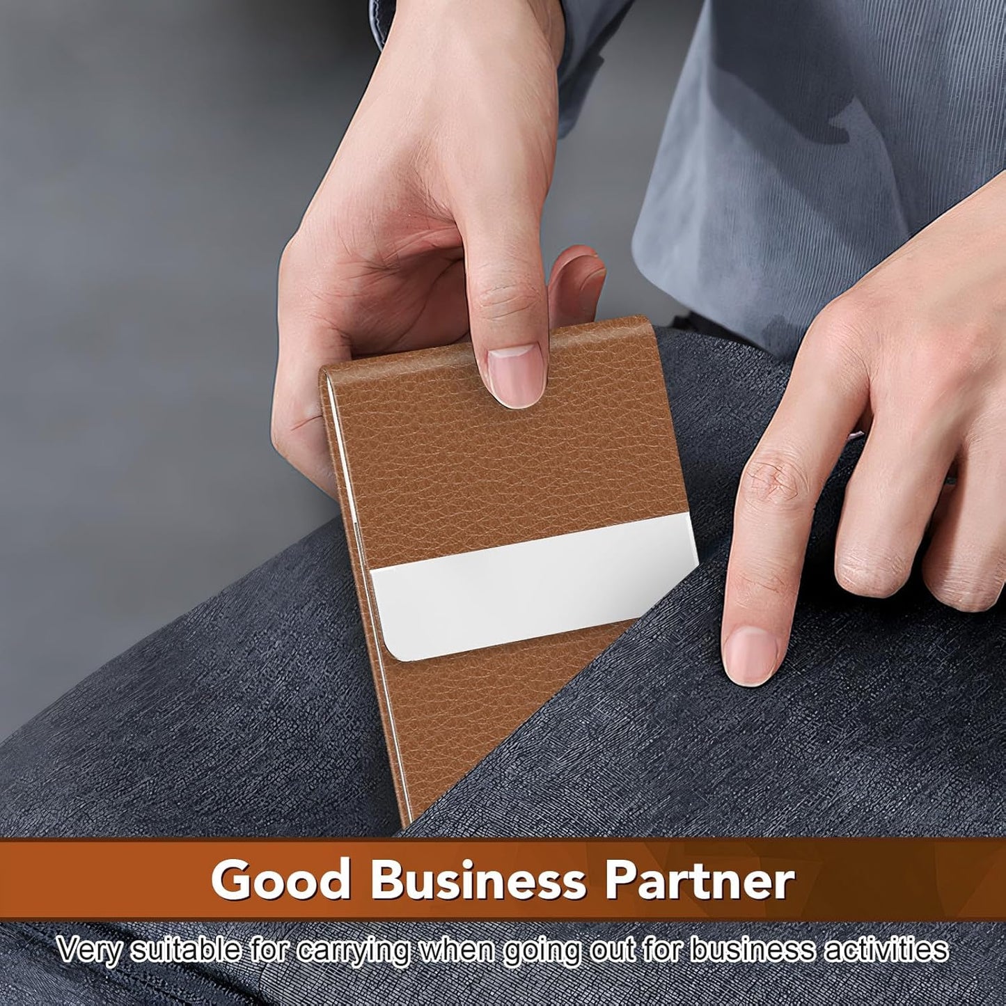 Business Card Holder with Ultra Slim Design, Business Card Case with Premium PU Leather, Suit Pocket Metal Card Holder for Women/Men, Magnetic Closure Quick Access Cards