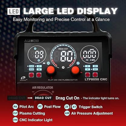 LOTOS LTP8050 CNC 80AMP Blow Back Arc Plasma Cutter, CNC Interface Ready, HTC/Arc OK Output, Drag Cut Enabled, 1" 25mm Clean Cut, Metal Cutting Machine, 220V