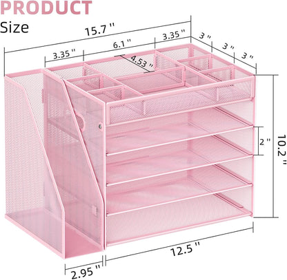 Marbrasse 5-Tier Desk Organizer with File Holder,Paper Letter Tray Organizer,Desktop File Organizer with Adjustable Compartments,Mesh Desk Organizers and Accessories for Office Supplies,Pink