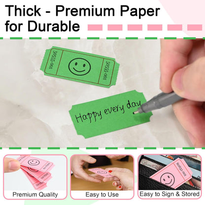 L LIKED 1000 Raffle Tickets, Smile,2 Color Set of 500 1" x 2" Single Roll,Tickets for Raffles, Carnival, Door Prizes and Class Reward - Pink/Green