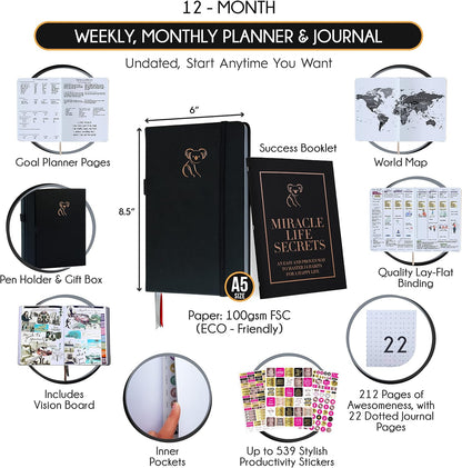 Life Planner - Gratitude Journal for Men & Women | Daily, Weekly & Monthly Planner with Budget Section, Time Blocking, Habit Tracker for Peace of Mind Planning to Increase Productivity & Happiness