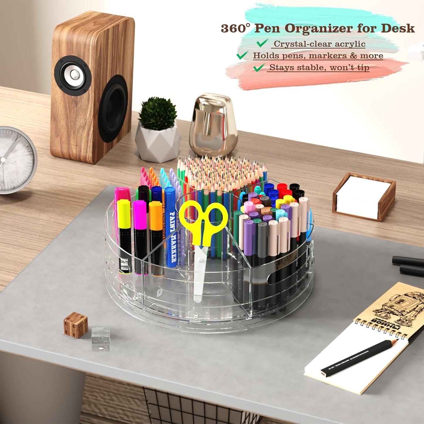 2 Packs Pen Organizer for Desk - Acrylic Pen Holder with Hand Grips, 360° Extra Large Rotating Desk Organizer with 7 Removable Compartments for Office, Home, and Makeup Storage