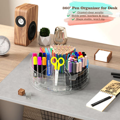 2 Packs Pen Organizer for Desk - Acrylic Pen Holder with Hand Grips, 360° Extra Large Rotating Desk Organizer with 7 Removable Compartments for Office, Home, and Makeup Storage