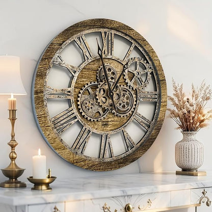 ImprovingLife The Gears Clock The Original Real Moving Gear Wall Clock Vintage Industrial Oversized Rustic Farmhouse (24 inch (60cm),Gold Antique)
