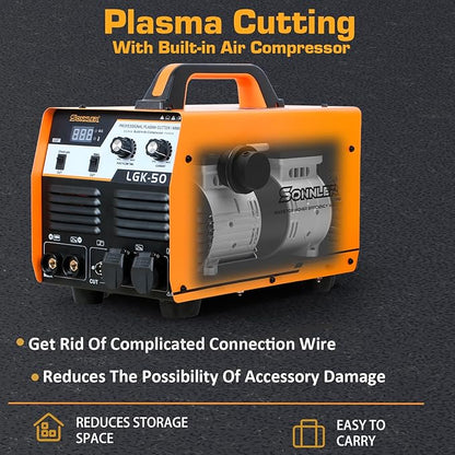 2 in 1 50A Plasma Cutter/MMA, 220V Digital Inverter IGBT Plasma Cutter Machine With Built-in Air Compressor, 1/3 Inch Clean Cut With Gas Delay.