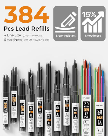 34PCS Art Mechanical Pencil Set, Drafting Pencil 0.5, 0.7, 0.9MM & 3PCS 2.0MM Mechanical Drawing Pencils with 384PCS Leads (6B 4B 2B HB 2H 4H Color) for Artist Sketching Drawing