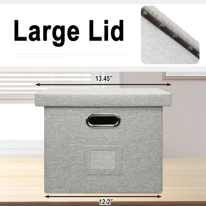 File Organizer Box, Collapsible Storage Filling Collectior with Lid for Letter Legal Size Hanging Folders Decorative Linen File Folder Box Document Storage Filing Bin, Beige 2 Pack