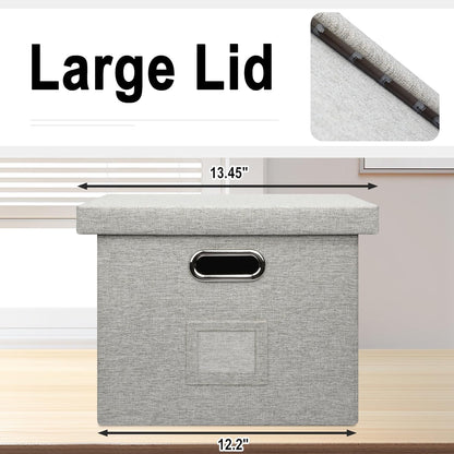 File Organizer Box, Decorative Storage Filling Box with Lid for Letter Legal Size Hanging Folders Collapsible Linen File Folder Box Office Document Storage Filing Bin, Beige 4 Pack