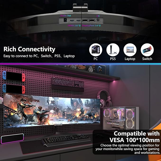 49 Inch Curved Ultra Wide Gaming Monitor, 5K (5210x1440P), 144Hz/165Hz 1500R, 32:9 127% sRGB, FreeSync, Height Adjustable Screen Monitor, HDMI 2.1 And DP 1.4, Supports Wall Mounted Installation