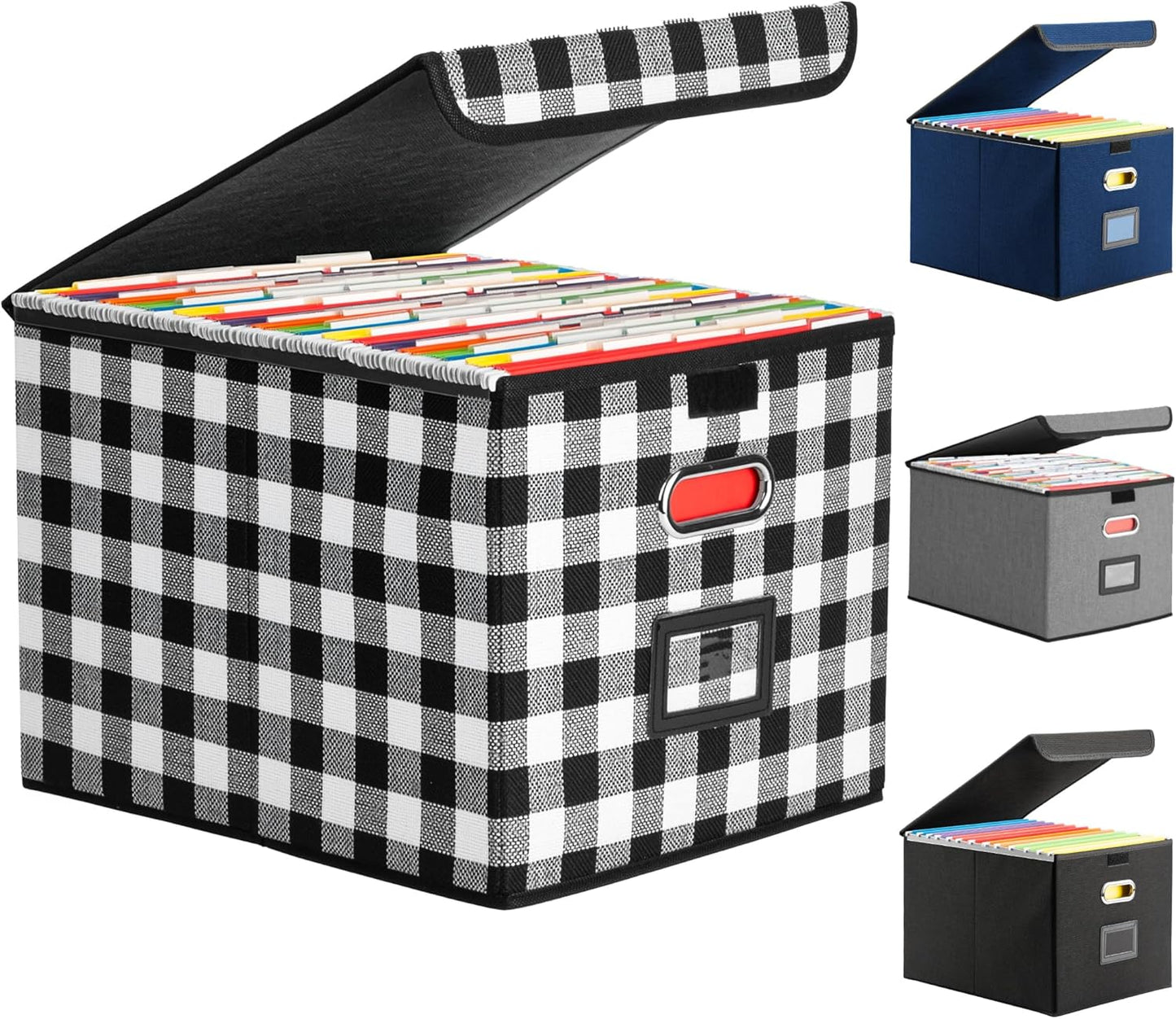 File Organizer Box, Linen Filing Organizer with Lid, Large Desktop File Boxes, Black and White Lattice