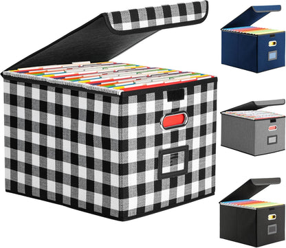 File Organizer Box, Linen Filing Organizer with Lid, Large Desktop File Boxes, Black and White Lattice