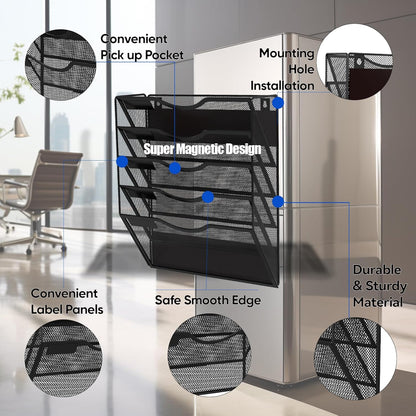 5-Tier Magnetic File Holder, No Drilling Installation File Cabinet Organizer, Black Magnetic File Organizer, Magazine Rack, Magnetic Paper Holder for Refrigerator, File Cabinets, Whiteboard