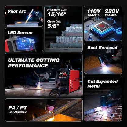ARCCAPTAIN 60A Plasma Cutter, Non-Touch Pilot Arc Plasma Cutting Machine, 110V/220V, Upgraded Large LED Display, Plate Cutting, Expanded Metal Cutting, Rust Removal, Air Pressure Detection