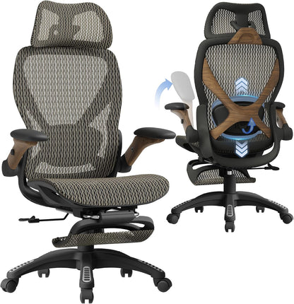 ELABEST X100 Ergonomic Office Chair with Footrest, Big and Tall Home Desk Chair with 5D Flip-Up Arms, Adjustable 9D Lumbar Support,High Back Rolling Computer Chair, Swivel Mesh Chairs (Coffee Break)