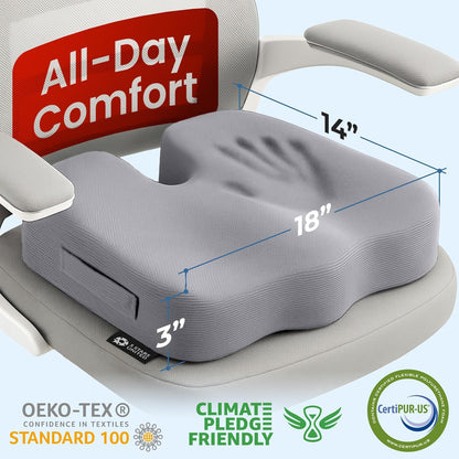 5 STARS UNITED Seat Cushion for Tailbone Pain Relief – Memory Foam Lifting Pillow for Coccyx, Hip, Hemorrhoid, Sciatica & Post-Surgery Recovery – Wheelchair, Car, Desk, Gaming & Office Chairs, L Gray