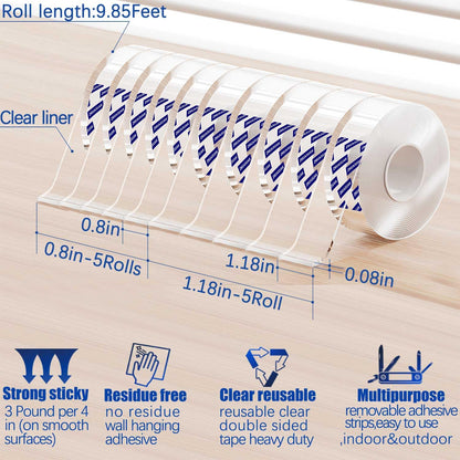 10 Rolls-9.85 FT Double Sided Mounting Tape Heavy Duty Removable,Clear Thick Nano Tape Adhesive Reusable,Wall Poster Picture Hanging Strips Putty, Sticky Tack Gel Glue for Hangers,Photo