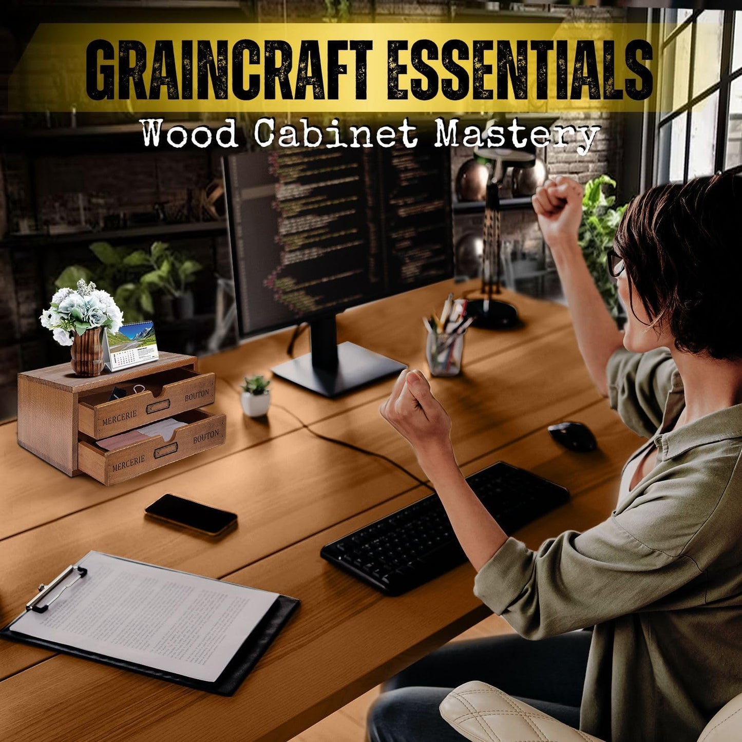 Flexzion Wooden Desktop Office Supplies Organizer with 2 Storage Drawers Set, 2-Tier Wood Tabletop Cabinet, Countertop Desk Accessories Box, for Home Workspace Counter Vanity Decor Art Craft Tool Mail