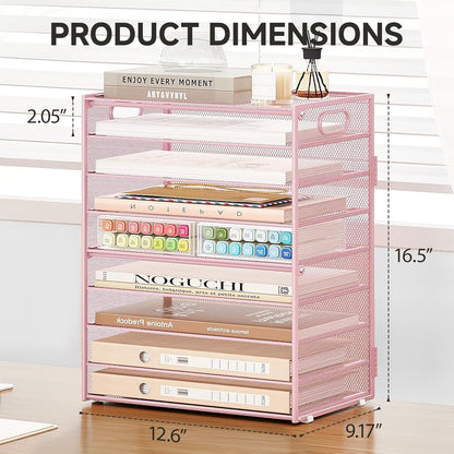 Subekyu 9 Tier Paper Letter File Tray Organizer for Desk, Pink Large Mesh Desk Folder Sorter Organizer with Handle, Include 6 Pcs Adjustable Height Slid Tray for Office Home School Supplies Storage
