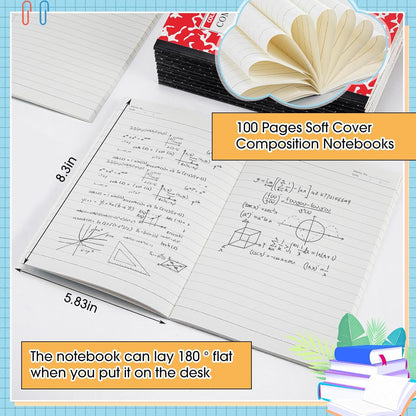 Fainne 100 Pack A5 Composition Notebooks Bulk College Ruled Composition Notebooks Marble Covers Notebook for Student Classroom Office Supplies 30 Sheet/60 Page(Red)