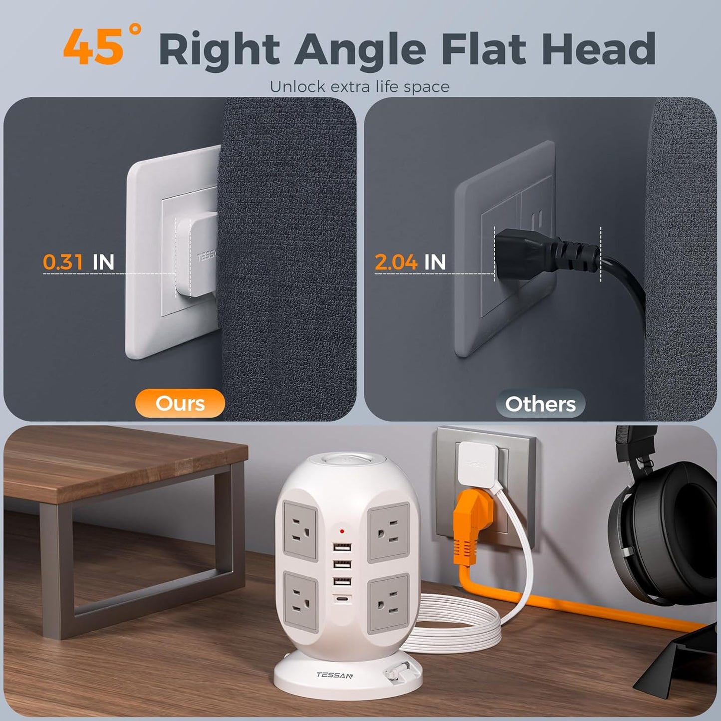 Tower Power Strip Surge Protector 10 Ft, TESSAN Flat Plug Extension Cord with Multiple Outlets, 8 AC Outlets, 4 USB Ports, 1 Built-in USB Cable, Desk Charging Station for Home Dorm Office