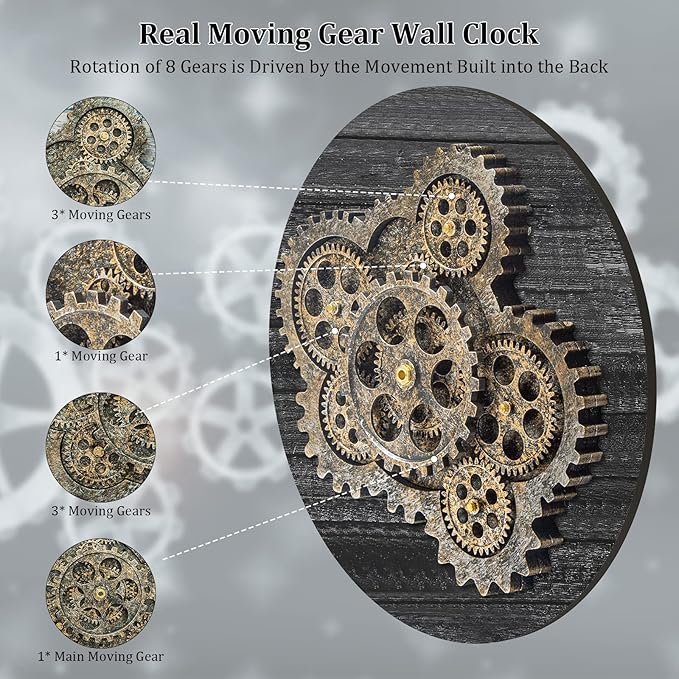 HOIBAI Wall Clock, Large Wall Clocks for Living Room Decor 18 Inch Battery Operated Silent Non-Ticking Modern Farmhouse Vintage Roman Big Wall Clock for Home Bedroom House Office, Moving Gears Clock