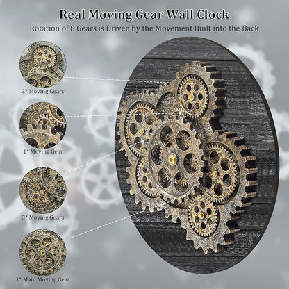 HOIBAI Wall Clock, Large Wall Clocks for Living Room Decor 18 Inch Battery Operated Silent Non-Ticking Modern Farmhouse Vintage Roman Big Wall Clock for Home Bedroom House Office, Moving Gears Clock