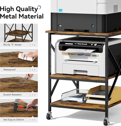 Warmiehomy 24"x24"x30" Large Printer Stand with Storage, 3 Tier Rolling Printer Cart Table, Mini Fridge Stand with Wheels, Use for 3D Laser Printer Home Office, Rustic Brown