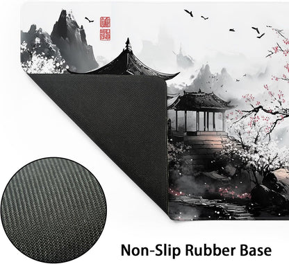 Black Whtie Japanese Gaming Mouse Pad XL Anime Sakura Cherry Blossom Tree Extended Large Mat Mousepad Desk Pad Non-Slip Rubber Base Stitched Edge Long Keyboard Pad for Computer,31.5×11.8 Inch