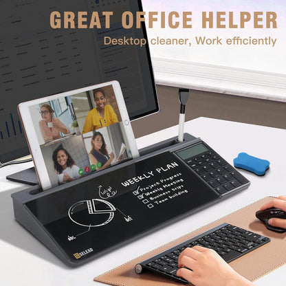 SELEAD Desktop Glass Whiteboard with Calculator, Organizer, Markers, Eraser, Holder - Black Dry Erase White Board Computer Pad Keyboard Stand for Home, School, Office Desk Cubicle Accessories