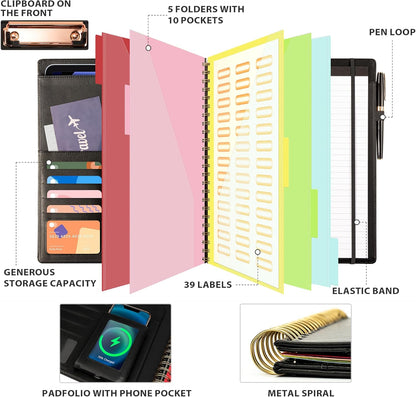 Clipboard with Storage for Men Women, Leather Padfolio Portfolio Organizer 5 Folders with 10 Pockets, Spiral Clipboard Folio with Notepad for Letter Size, Elastic Closure and Pen Loop Black