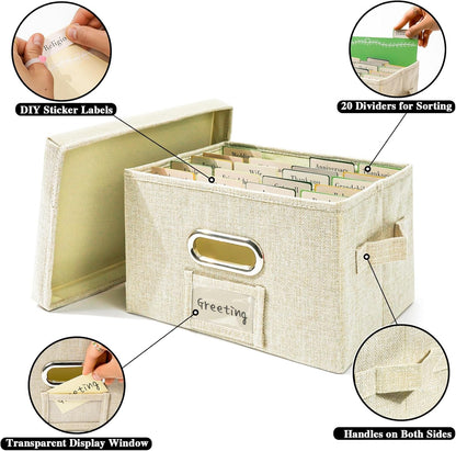 Vienrose Greeting Card Organizer 1 Pack, Storage Box with 20 Adjustable Dividers, Foldable Organizer Box Holds over 150 Cards, Storage Stickers Recipes Photos Envelopes Bills Vinyl Records, Beige
