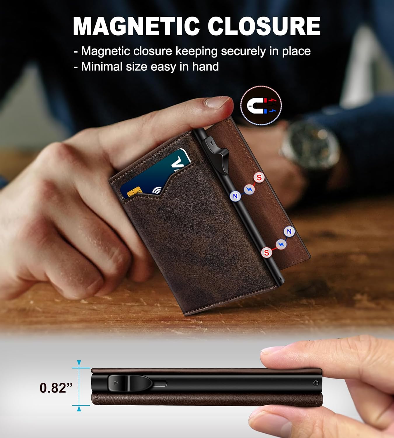 Wallet for Men,with Cash Pocket 2 ID Window 9-13 Cards,Metal Case Smart Slim Pop Up Credit Card Holder Flip with Magnetic Closure RFID Blocking Trifold wallet with Gift Box