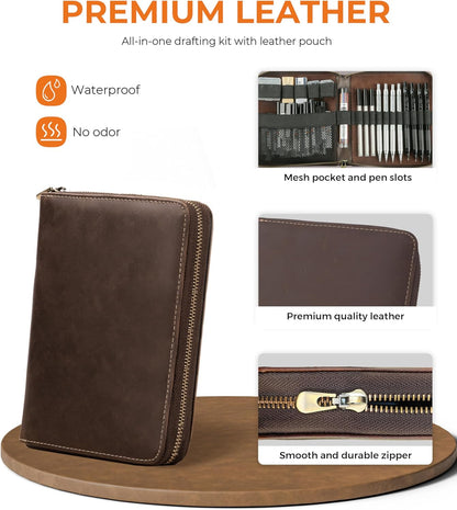 45PCS Black & Silver Metal Mechanical Pencil Set in Leather Case, 0.5, 0.7, 0.9, 2.0mm Drafting Pencils with 28 Tubes(6B 4B 2B HB 2H 4H & Colors)Lead Refills for Art Drawing, Sketching,Writing