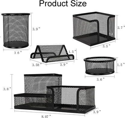 Mesh Pen Holder for Desk Pencil Holders 5 Pieces Desk Organizer Office Supplies Caddy with Sticky Notes Holder for Office School Home Black