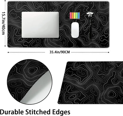 Topographic Contour Black Gaming Mouse Pad XXL Topo Geographic Map Lines Extended Large Mouse Pad Big Desk Mat Non-Slip Rubber Base Stitched Edge Long Mousepad for Desktop Office Desk,35.4 x 15.7 in