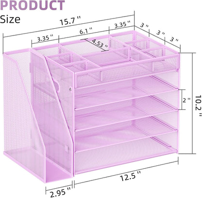 Marbrasse 5-Tier Desk Organizer with File Holder,Paper Letter Tray Organizer,Desktop File Organizer with Adjustable Compartments,Mesh Desk Organizers and Accessories for Office Supplies,Purple