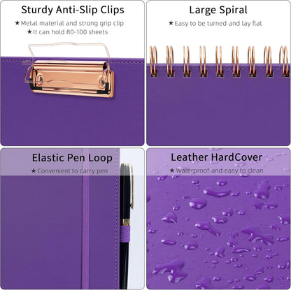 Ospelelf Leather Spiral Clipboard Folder with Storage Zipper Pouch, Foldable Clipboard Folio with Notepad for Letter Size, 5 Folders with 10 Pockets, 39 Divider Label Stickers (Purple)