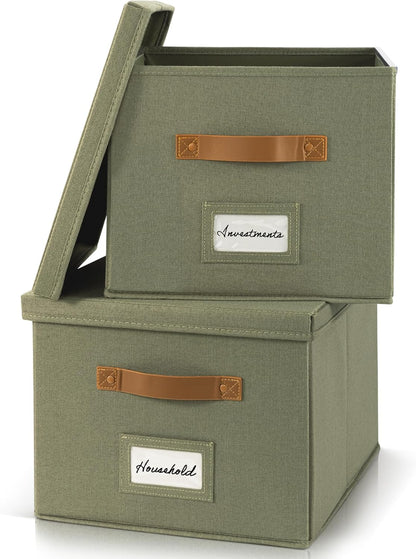 ZICOTO Decorative File Organizer Box Set of 2 - Collapsible Linen Filing Cabinets w/Handles Are Perfect to Store all Your Documents & Hanging File Folders - Portable Easy Slide Crates with Lid