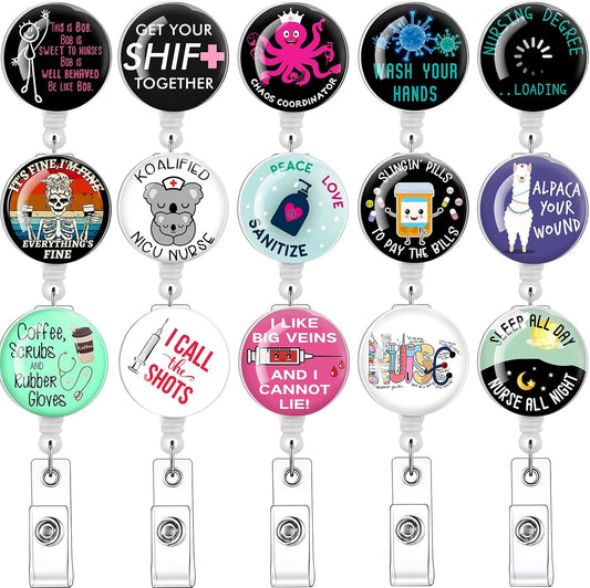 15pcs Nursing Student Must Haves Badge Reels Retractable Badge Holders,Id Badge Holder Retractable Clip,Funny Badge Reel Cute Badge Reel Retractable Lanyards for Id Badges,Nurse Accessories for Work